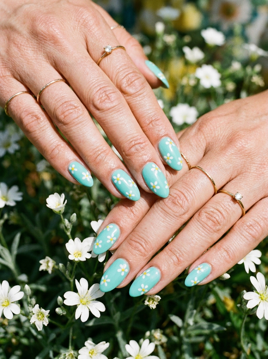 Türkis mit kleinen weißen Blumen